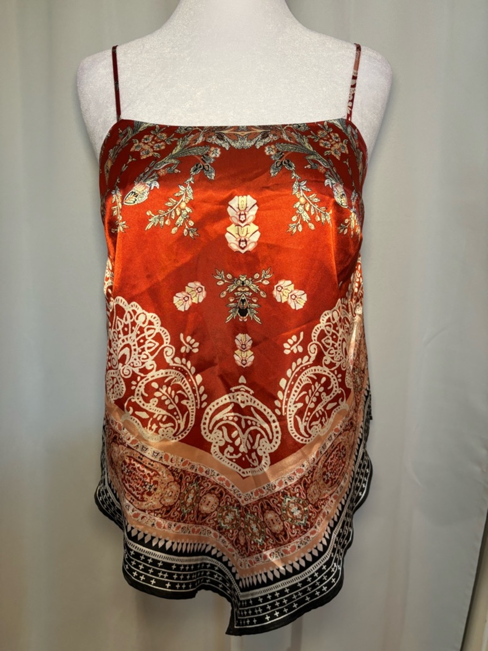 Beyond the Radar Satin Scarf Print Cami Tank Top L Boho Festival - Picture 2 of 5